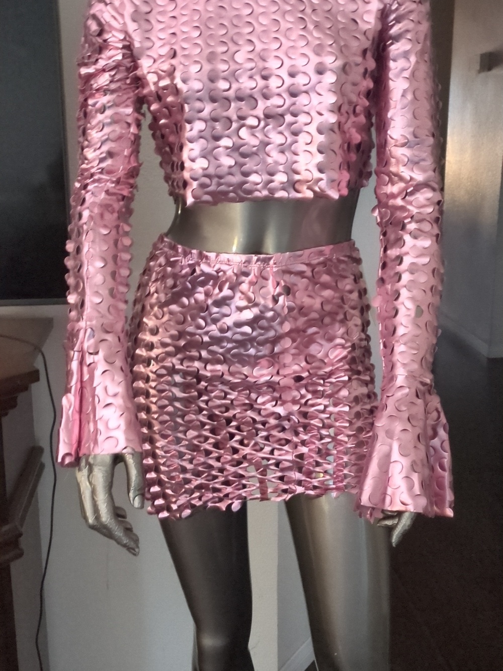 Hot & Delicious Pink Shimmery Textured Crop Top & Skirt Set